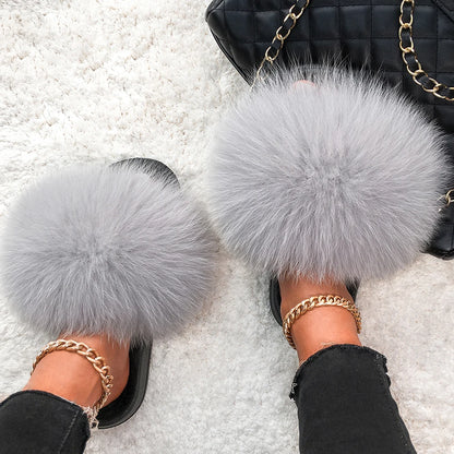 Genuine Fluffy Fox Fur Slides