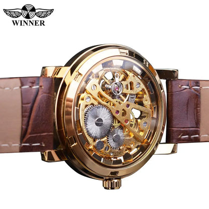 Winner Transparent Golden Case Luxury Casual Design Brown Leather Strap