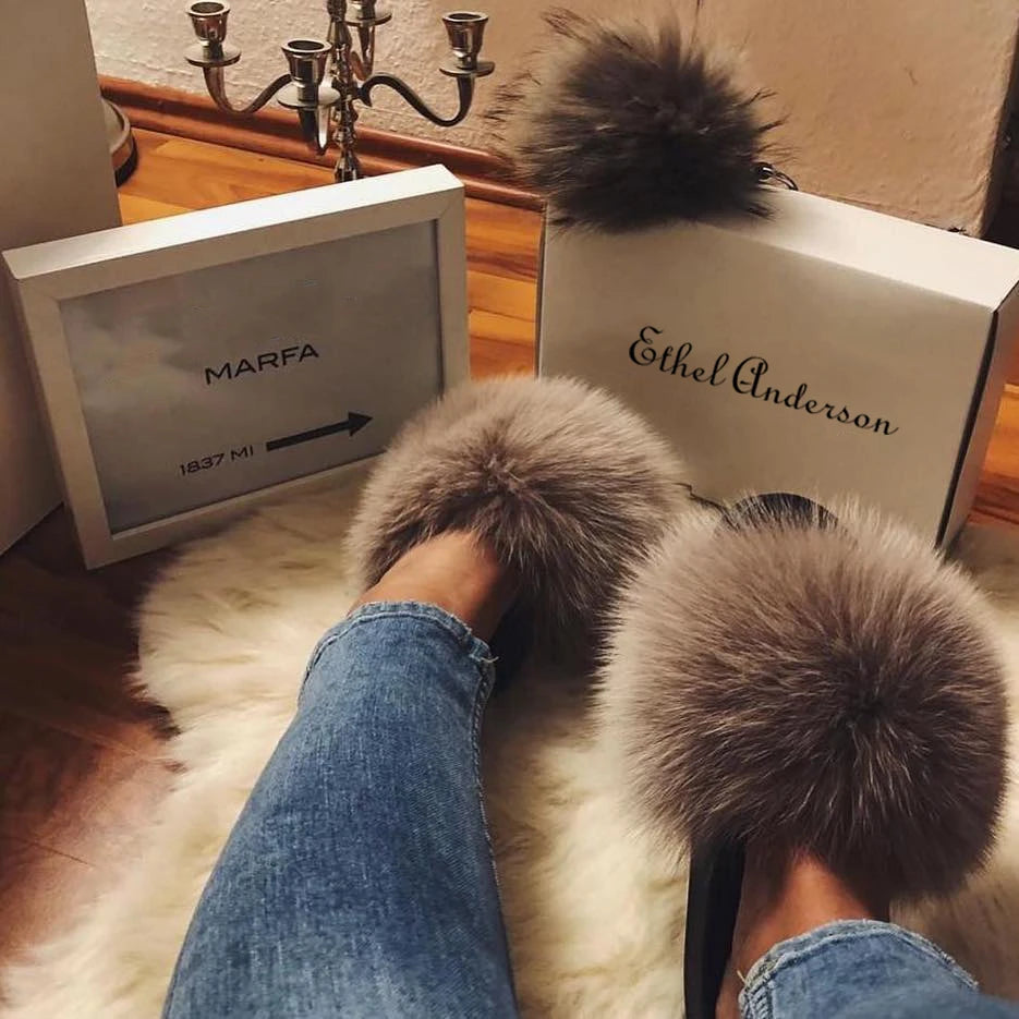 Genuine Fluffy Fox Fur Slides