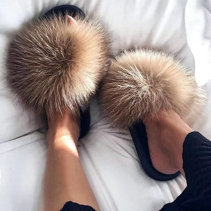 Genuine Fluffy Fox Fur Slides