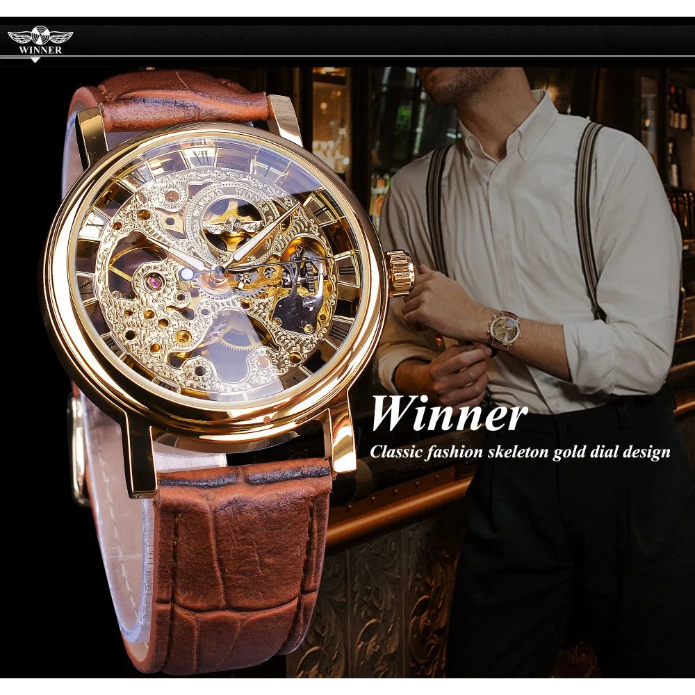 Winner Transparent Golden Case Luxury Casual Design Brown Leather Strap