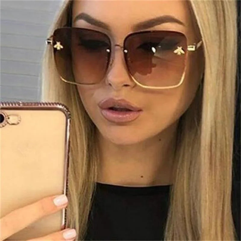 Oversized Rimless Retro Gradient Bee Square Sunglasses For Female