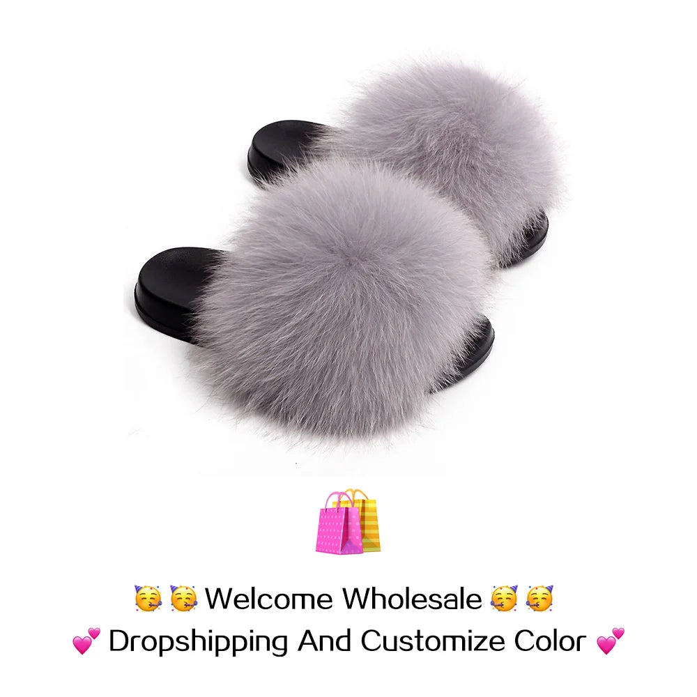 Genuine Fluffy Fox Fur Slides