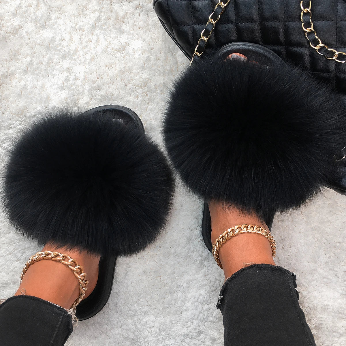 Genuine Fluffy Fox Fur Slides