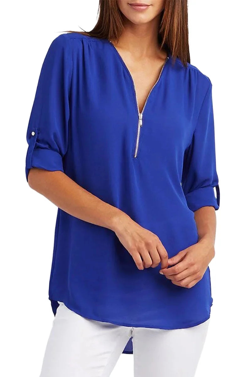 Plus Size Loose Shirt Deep V Neck Chiffon Casual Blouse