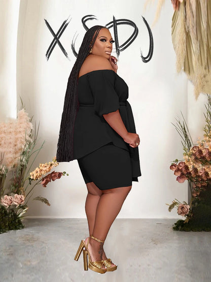 Plus Size 2 Pieces Elegant Elastic Off the Shoulder Top and Shorts Set