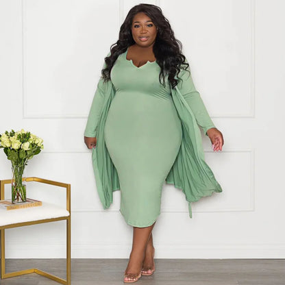 Plus Size Sexy Solid Color Two Piece Long Sleeve Coat + Tube Top Dress