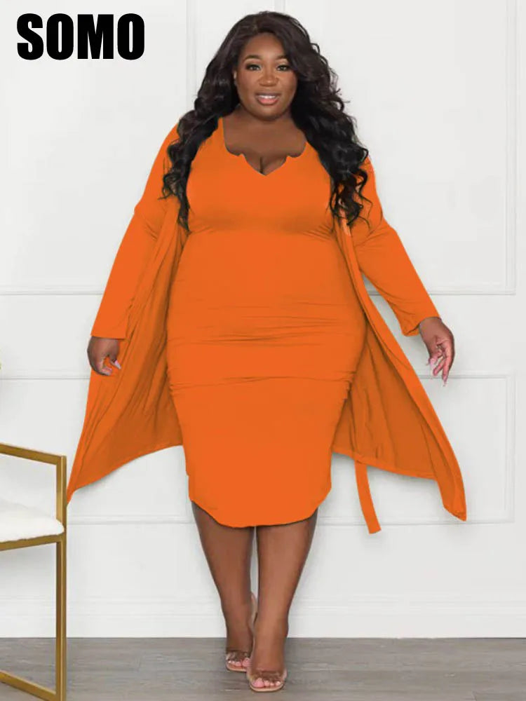 Plus Size Sexy Solid Color Two Piece Long Sleeve Coat + Tube Top Dress