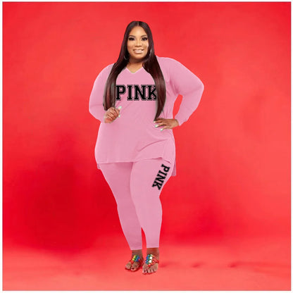 Plus size Two Piece Long Sleeve V Neck top And Pants