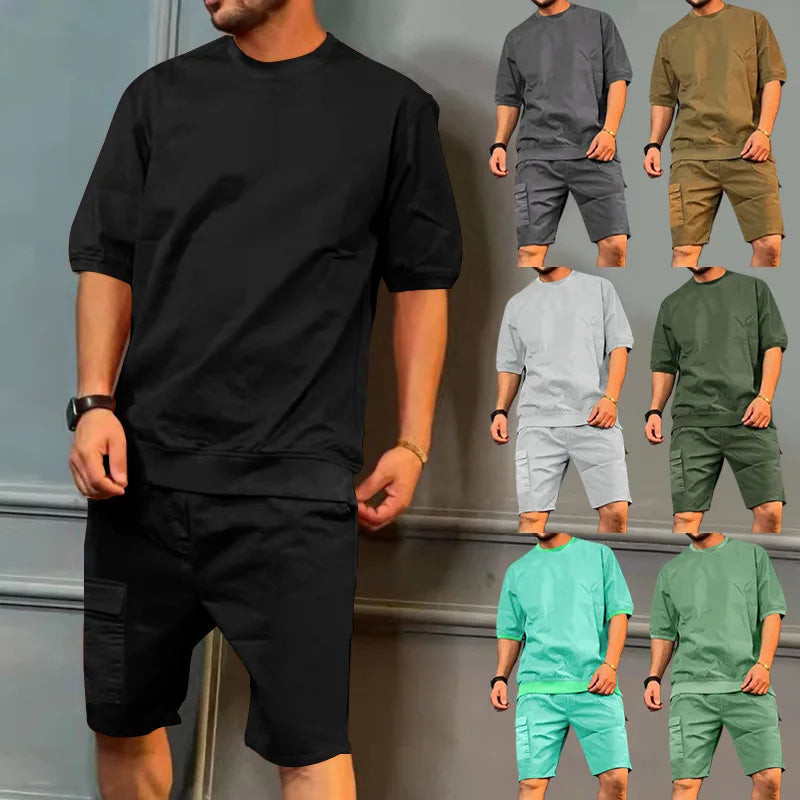 Plus-size Men Casual Short-sleeved Solid Color Two-piece Set