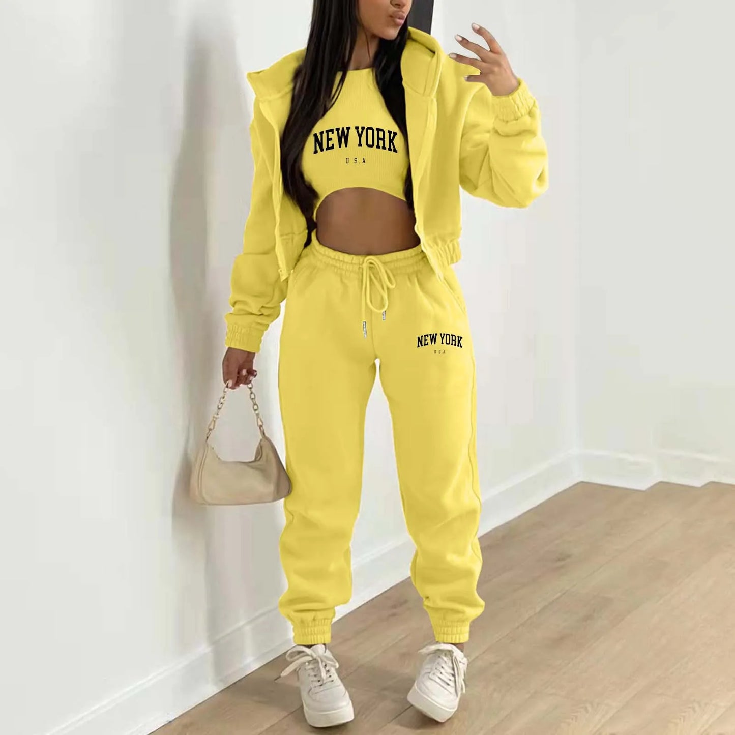 Women's Velvet Sweatshirt Print Hooded Athleisure (3-Piece Set)