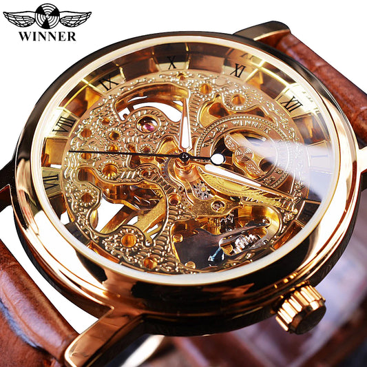 Winner Transparent Golden Case Luxury Casual Design Brown Leather Strap