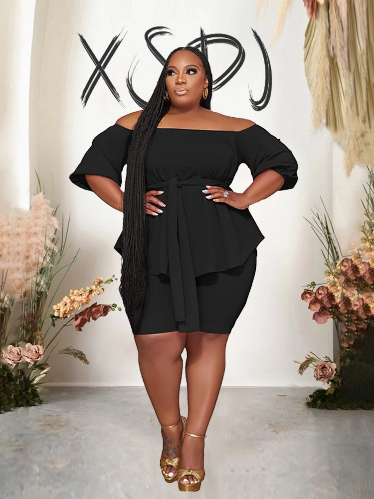 Plus Size 2 Pieces Elegant Elastic Off the Shoulder Top and Shorts Set