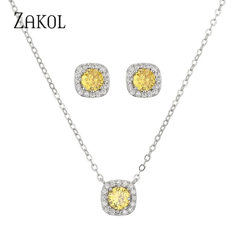 Cubic Zirconia Square Stud Earrings Necklace Set for Women