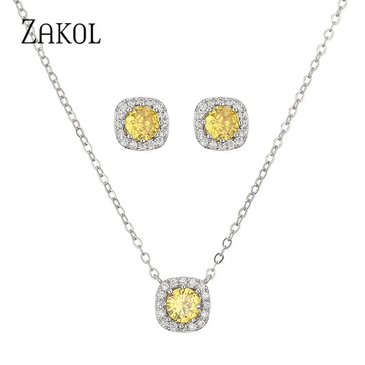 Cubic Zirconia Square Stud Earrings Necklace Set for Women