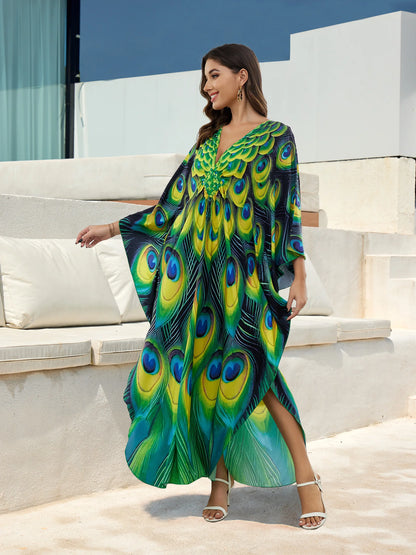 Green Peacock Printed Boho Sexy V Neck Long Moo Moo