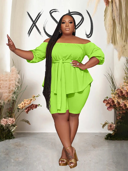 Plus Size 2 Pieces Elegant Elastic Off the Shoulder Top and Shorts Set