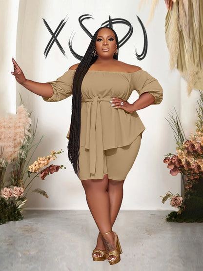 Plus Size 2 Pieces Elegant Elastic Off the Shoulder Top and Shorts Set