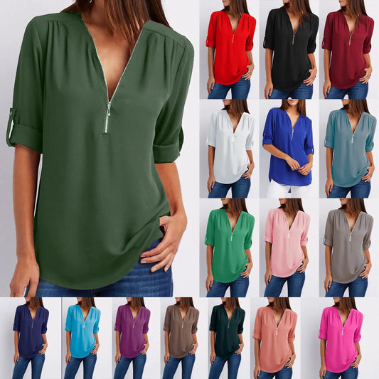 Plus Size Loose Shirt Deep V Neck Chiffon Casual Blouse