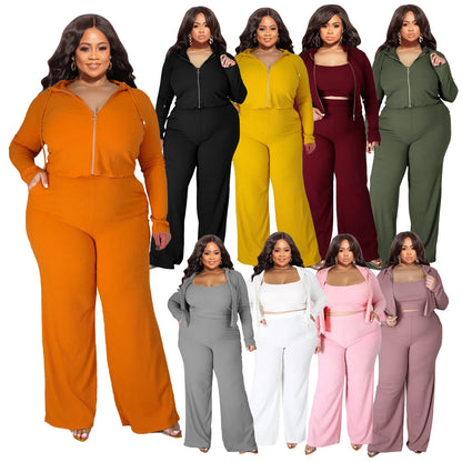 Plus Size Casual 3 Pieces Long Sleeve Zip Hooded Crop