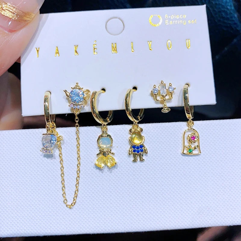 6pcs Cubic Zircon Princess Drop Earrings Set