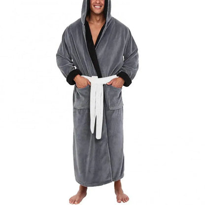 Men Soft Coral Fleece Pockets Long Bath Robe