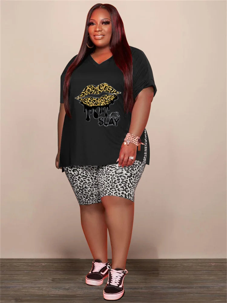 Plus Size 2 Piece Loose Lip Top Leopard Shorts Set