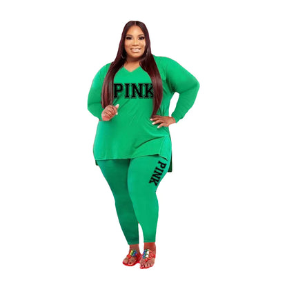 Plus size Two Piece Long Sleeve V Neck top And Pants