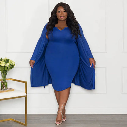 Plus Size Sexy Solid Color Two Piece Long Sleeve Coat + Tube Top Dress