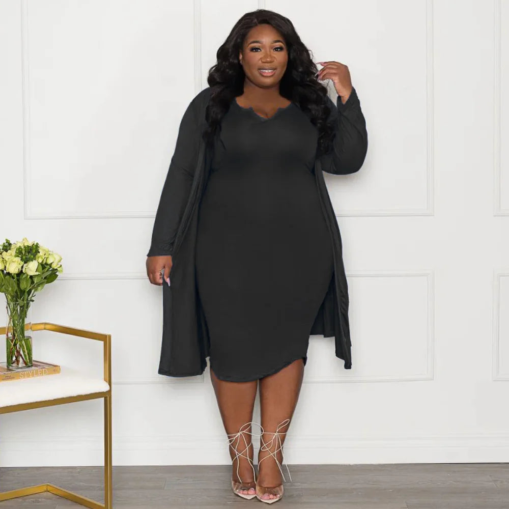 Plus Size Sexy Solid Color Two Piece Long Sleeve Coat + Tube Top Dress