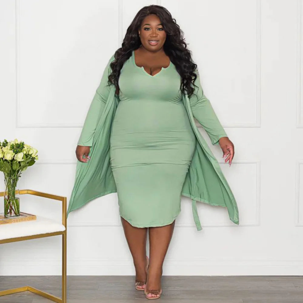 Plus Size Sexy Solid Color Two Piece Long Sleeve Coat + Tube Top Dress