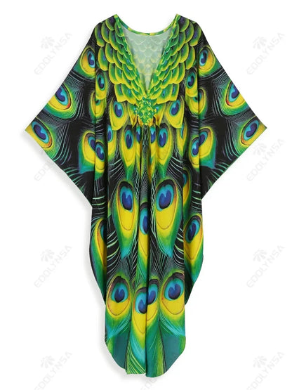 Green Peacock Printed Boho Sexy V Neck Long Moo Moo