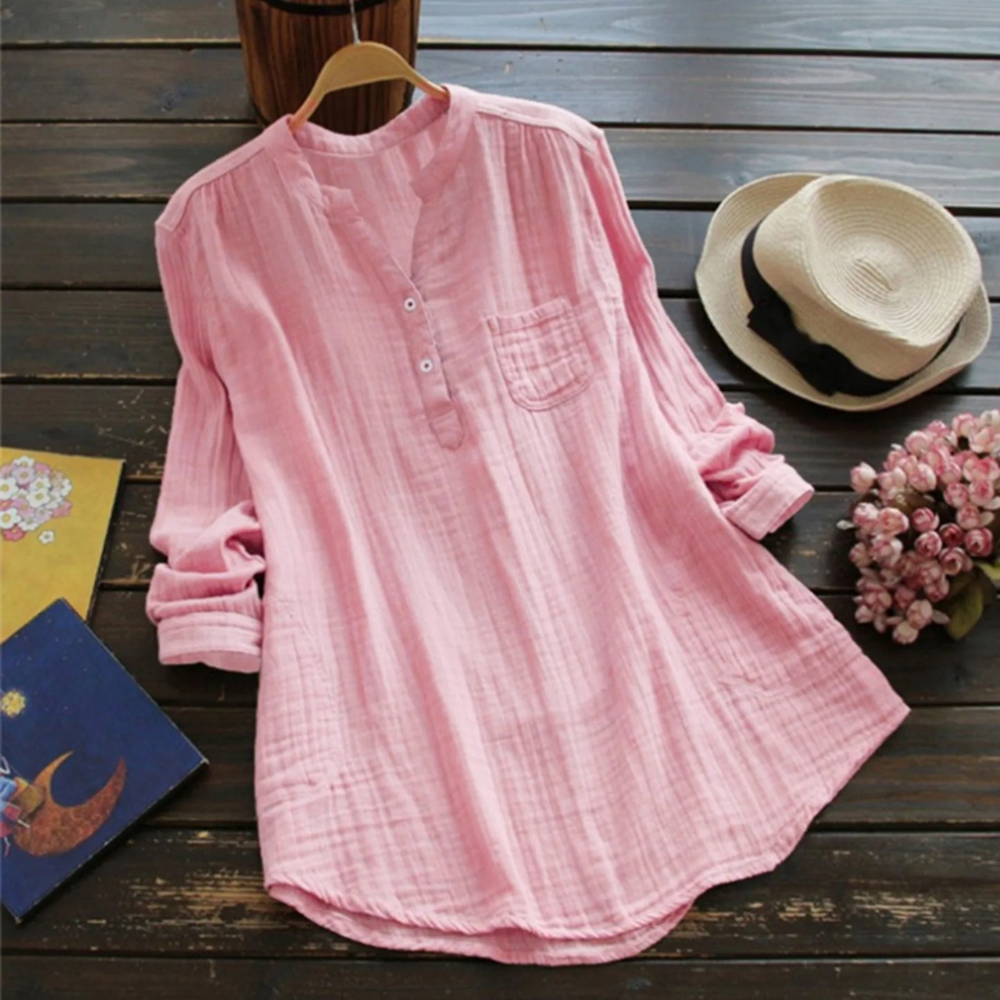 Plus Size Oversized Boho Vintage Shirts Top Lady V-Neck Casual Loose Shirts