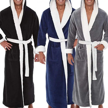 Men Soft Coral Fleece Pockets Long Bath Robe