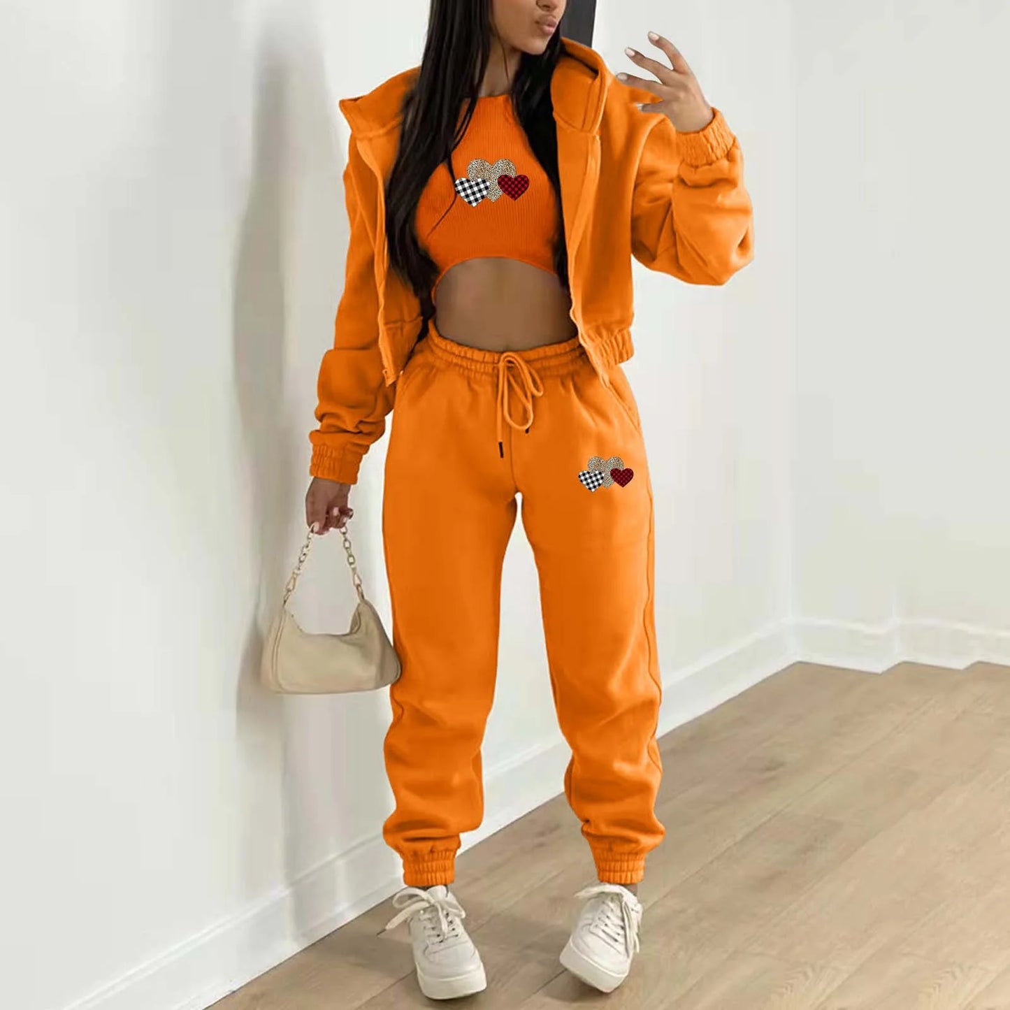 Women's Velvet Sweatshirt Print Hooded Athleisure (3-Piece Set)