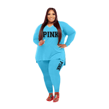 Plus size Two Piece Long Sleeve V Neck top And Pants