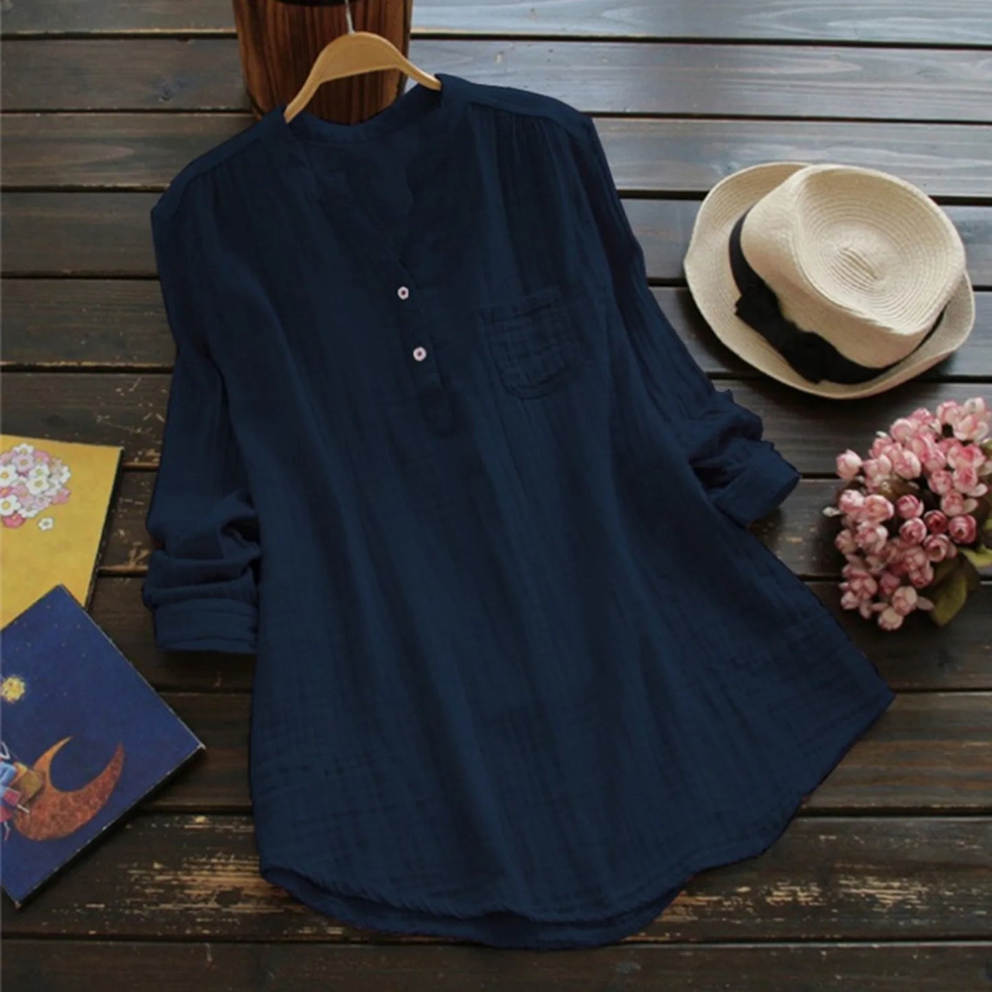 Plus Size Oversized Boho Vintage Shirts Top Lady V-Neck Casual Loose Shirts