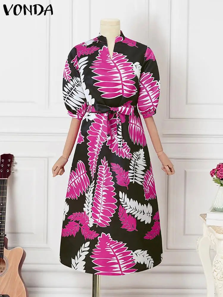 Plus Size Long V-Neck Printed Puff Sleeve Dress