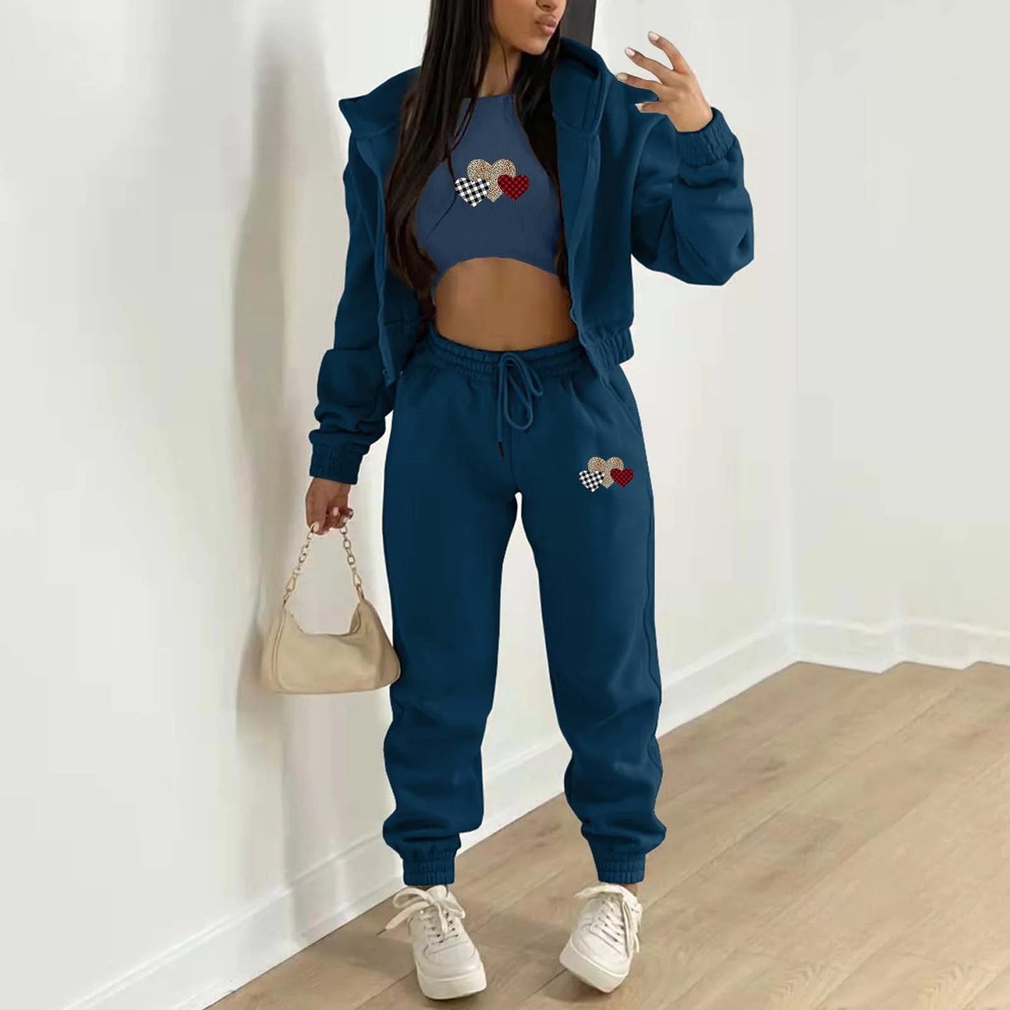 Women's Velvet Sweatshirt Print Hooded Athleisure (3-Piece Set)