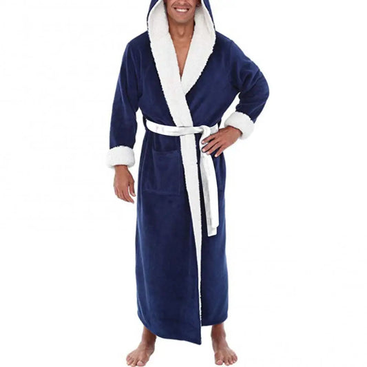 Men Soft Coral Fleece Pockets Long Bath Robe