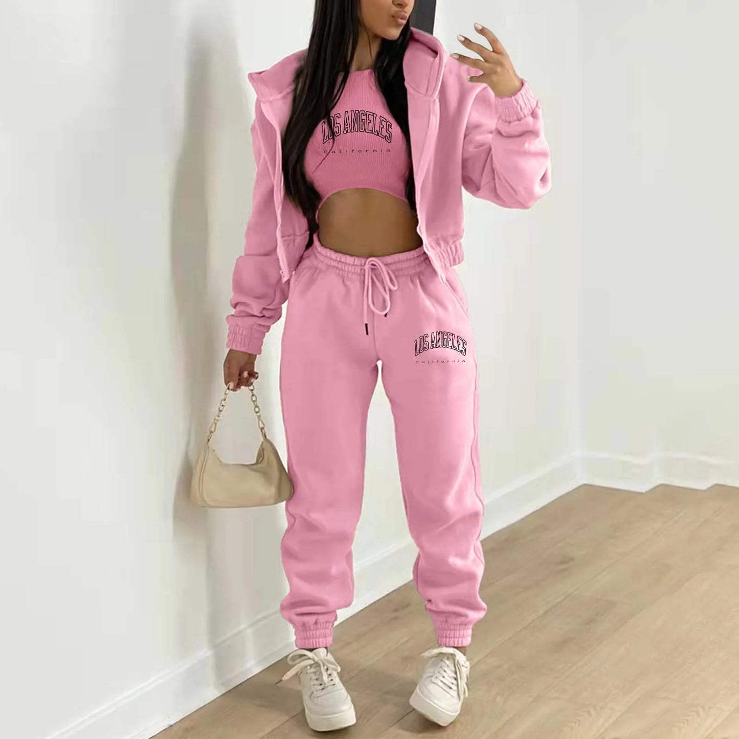 Women's Velvet Sweatshirt Print Hooded Athleisure (3-Piece Set)