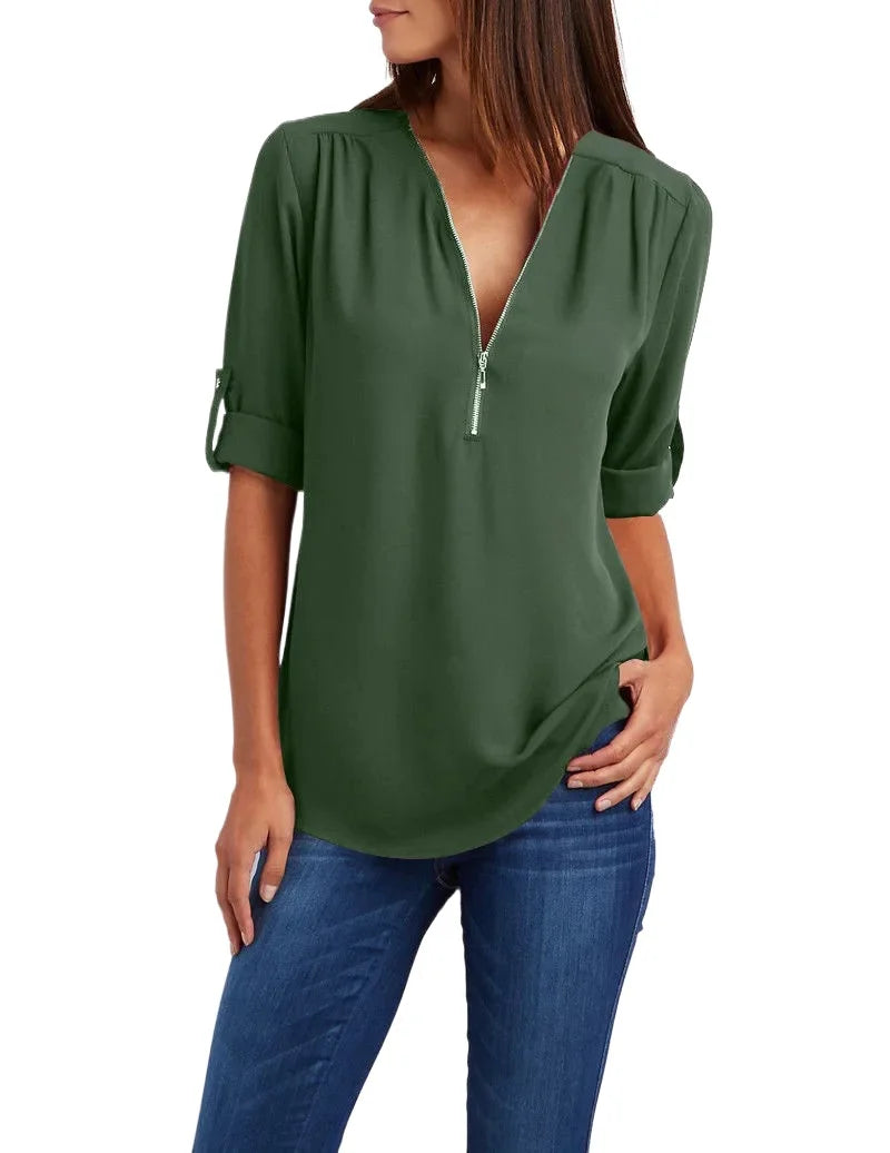 Plus Size Loose Shirt Deep V Neck Chiffon Casual Blouse