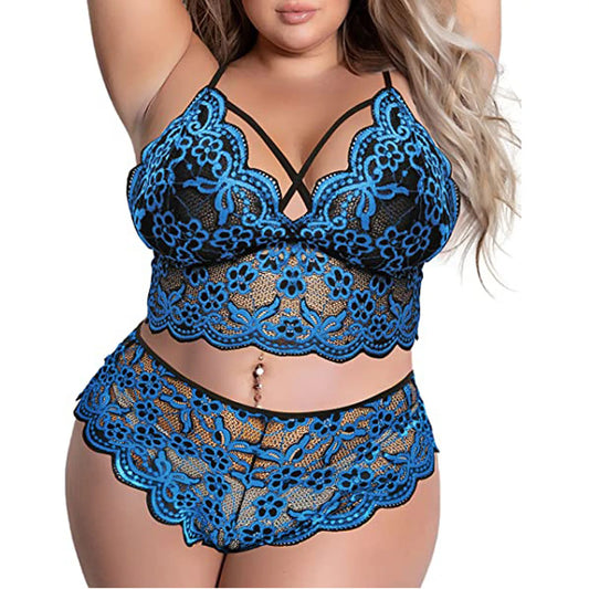 Plus Size Sexy Lingerie Set V Neck High Waist Floral Lace Hollow Out 2 Piece