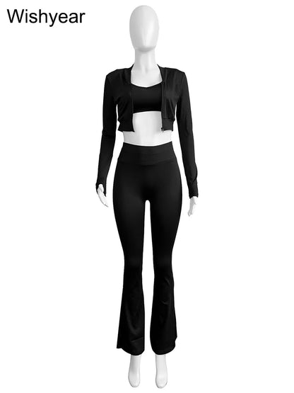 3 Pieces Sets Long Sleeve Crop Tops+Tanks+Flare Pants