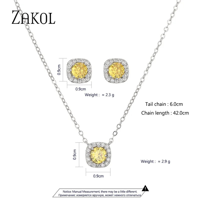 Cubic Zirconia Square Stud Earrings Necklace Set for Women