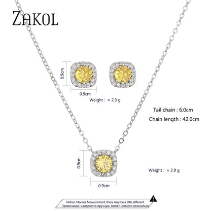 Cubic Zirconia Square Stud Earrings Necklace Set for Women