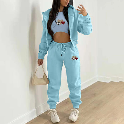 Women's Velvet Sweatshirt Print Hooded Athleisure (3-Piece Set)