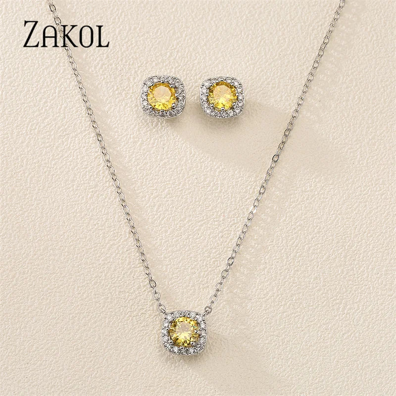 Cubic Zirconia Square Stud Earrings Necklace Set for Women