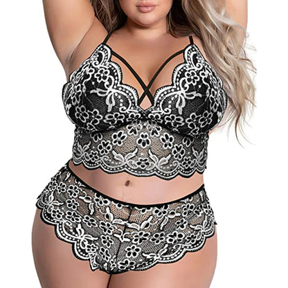 Plus Size Sexy Lingerie Set V Neck High Waist Floral Lace Hollow Out 2 Piece