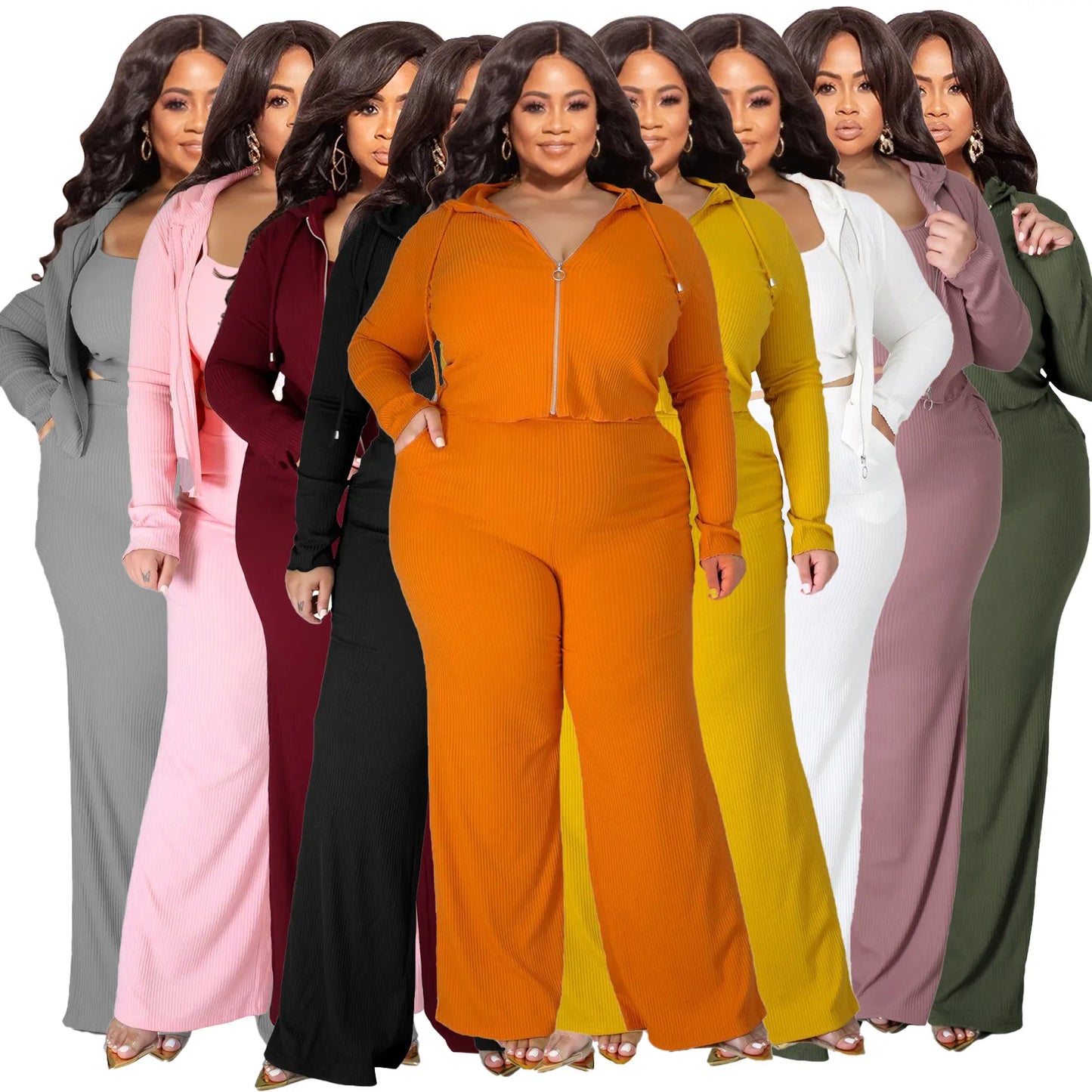 Plus Size Casual 3 Pieces Long Sleeve Zip Hooded Crop